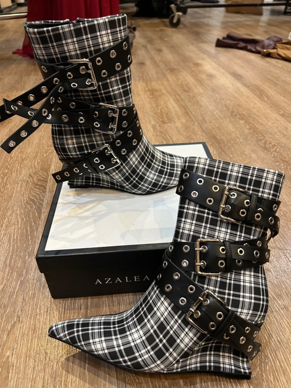 Azalea Black & White Plaid Buckle Ankle Boots